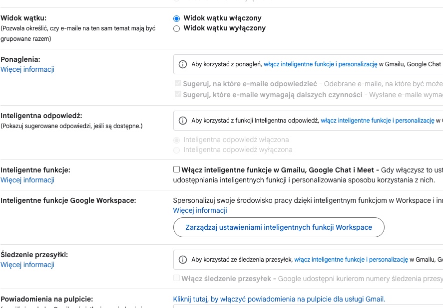 Miejsce wyłączenia opcji 'Ulepszaj funkcje AI' w ustawieniach Gmaila